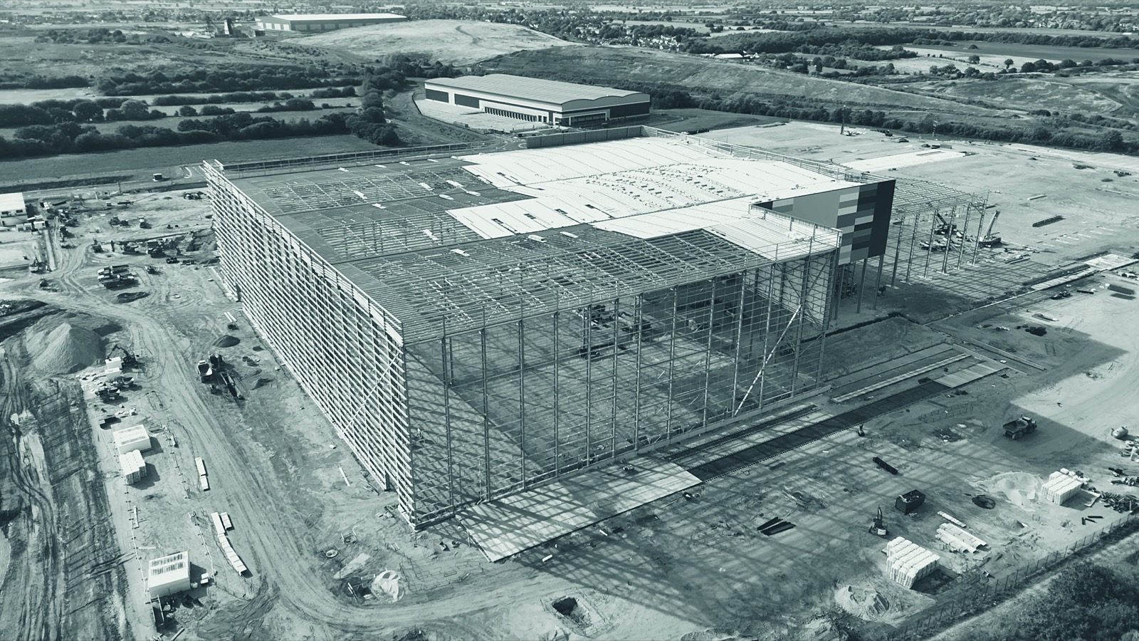 Drone view of a large warehouse under construction