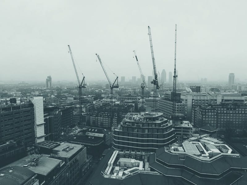 Aerial view of a London construction site with cranes